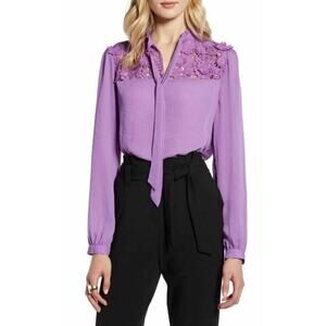 Halogen Women's Lace Yoke Blouse Purple X-Small MSRP $69